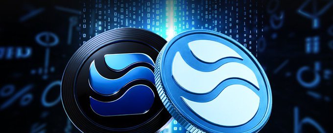 A digital illustration of two cryptocurrencies stacked on top of each other, featuring a dark blue/black coin and a light blue coin, both bearing the Aptos logo, against a background of digital characters and symbols.