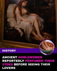 A historical image of an oil painting showing a reclining woman being attended to by another, with text overlay reading "HISTORY: ANCIENT NOBLEWOMEN REPORTEDLY PERFUMED THEIR TOES BEFORE SEEING THEIR LOVERS," tying into the $TOES token's "breaking out" theme by suggesting the ancient nobility had a longstanding tradition of valuing and pampering their toes.