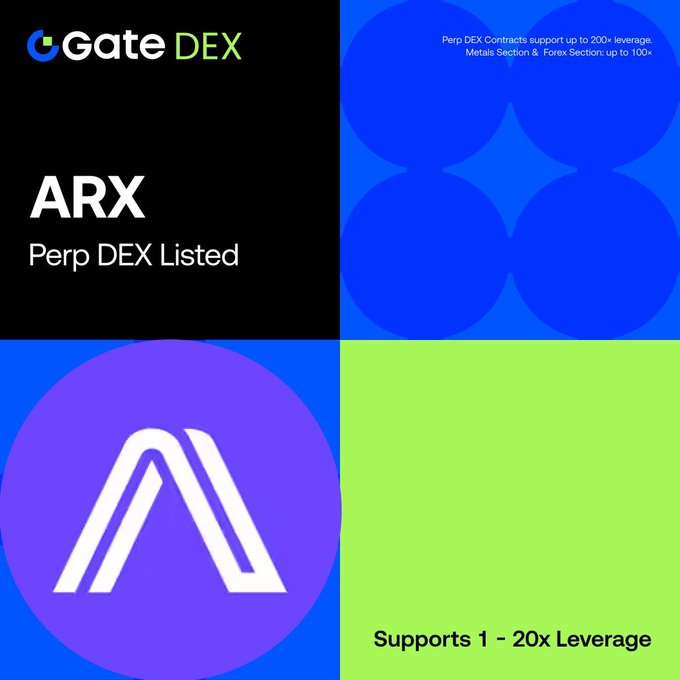 The image features a square graphic with four sections displaying different colors, including blue (top left), green (center), purple (middle), and yellow (bottom right). The background of this colorful design has a white border around each section. The text in the image is positioned at the bottom edge near the bottom center, reading "Gate Perp DEX New Listing: ARX Trading Pair: $ARX / $USDT Perp DEX Trading is Now Open Supports 1 – 20x Leverage Trade". This implies that Gate DEX has listed ARX trading pair on their whitelisted page.