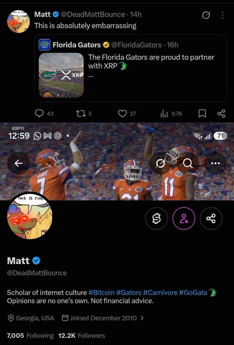 The image shows a social media post by user "Matt" (@DeadMattBounce), a diehard Bitcoin and Florida Gators fan with 12.2K followers, featuring a screenshot of the Florida Gators' official tweet announcing their partnership with XRP. Matt's tweet caption reads "This is absolutely embarrassing," with the accompanying post noting that he is a Bitcoin maximalist frustrated by the Florida Gators' crypto sponsorship deal with XRP rather than Bitcoin, humorously questioning whether he'll ever enjoy a Gators game again.