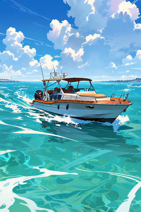 An illustrated scene shows a white and wood-trimmed motorboat cruising through turquoise ocean waters under a bright blue sky with fluffy clouds.