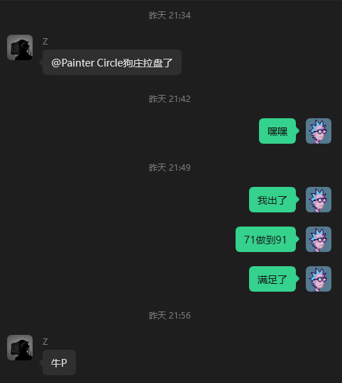 A screenshot of a Chinese-language chat conversation in dark mode where a user shares '@PainterCircle狗庄拉盘了' and replies with messages meaning 'Hehe', 'I'm selling', 'Made 71 to 91', 'Satisfied', and 'Cattle P' (a stock market slang term).