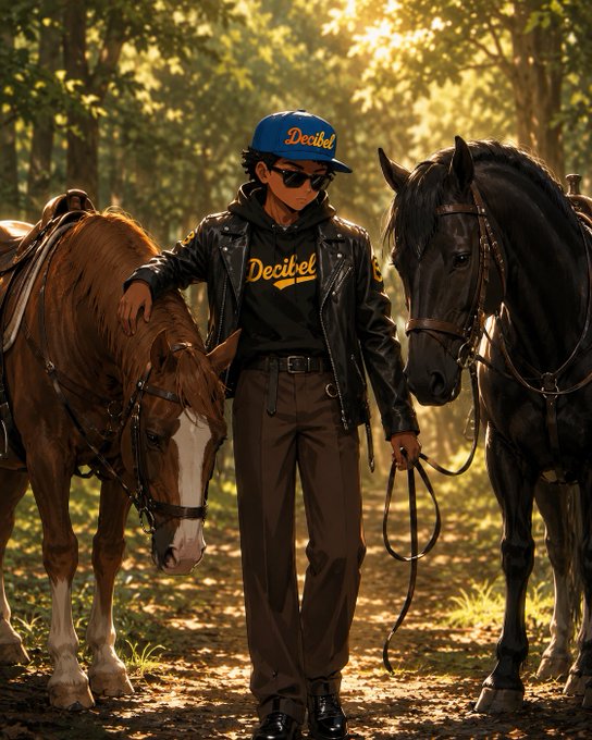 A young person in a black leather jacket and blue 'Decibel' cap standing between two horses in a sunlit forest, holding their reins.