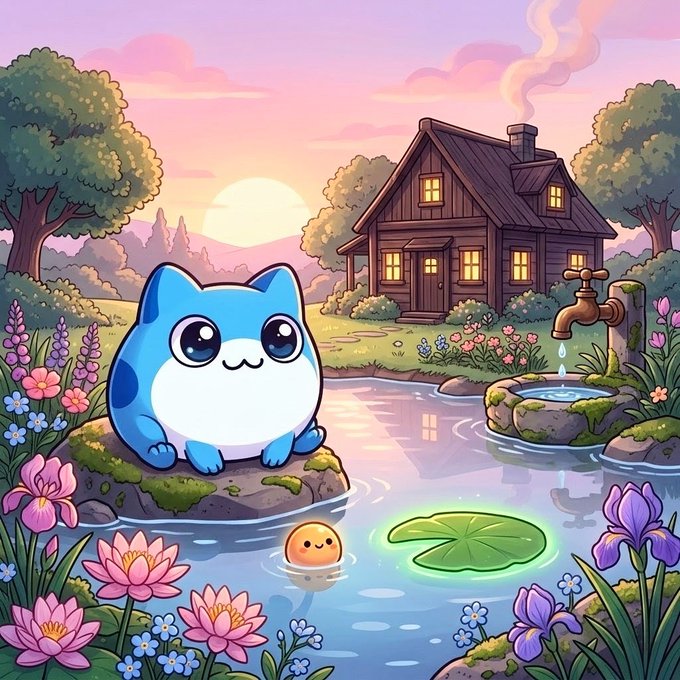 A cute, stylized illustration of a round blue and white cat sitting on a mossy rock by a pond with lily pads and flowers, set against a sunset backdrop with a cozy wooden cottage.