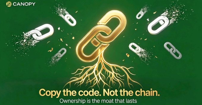 A promotional graphic for 'CANOPY' with a central gold link chain featuring roots growing from it, surrounded by breaking silver chains, and the text 'Copy the code. Not the chain. Ownership is the moat that lasts'.