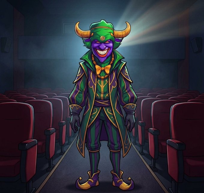 A digital illustration depicts a menacing purple-faced jester character in a green and purple striped outfit standing in an empty movie theater aisle.