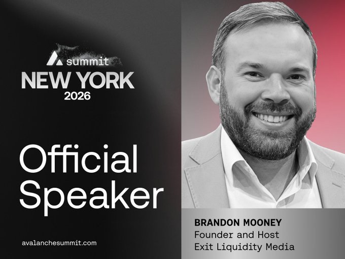 A promotional graphic for "Summit NEW YORK 2026 Official Speaker" featuring Brandon Mooney, Founder and Host of Exit Liquidity Media, from avalanchesummit.com.