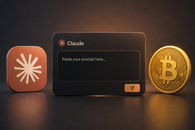 The image shows a dark-themed display featuring the "Claude" logo with a prompt field reading "Paste your prompt here..." alongside a golden Bitcoin coin, visually representing the post's instructions to paste a Bitcoin chart analysis prompt into Claude to identify BTC liquidity traps.