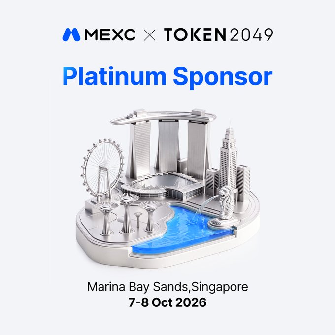 MEXC is announced as a Platinum Sponsor of TOKEN2049, taking place 7-8 October 2026 at Marina Bay Sands, Singapore, as highlighted in this promotional graphic featuring a 3D render of Singapore's iconic skyline.