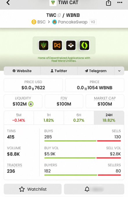 A cryptocurrency tracking app screenshot showing the TWC/WBNB token pair on PancakeSwap V2, with the name 'TIWI CAT', price $0.097622 USD, market cap $100M, and 18.82% 24H gain.