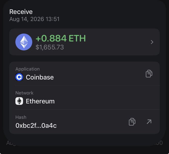 A screenshot of a crypto wallet transaction notification showing a received payment of **+0.884 ETH ($1,655.73)** from **Coinbase** on the **Ethereum** network with hash starting "0xbc2f...0a4c" on **Aug 14, 2026**. The screenshot supports the poster's celebration of hitting a four-figure weekly earnings milestone in crypto.