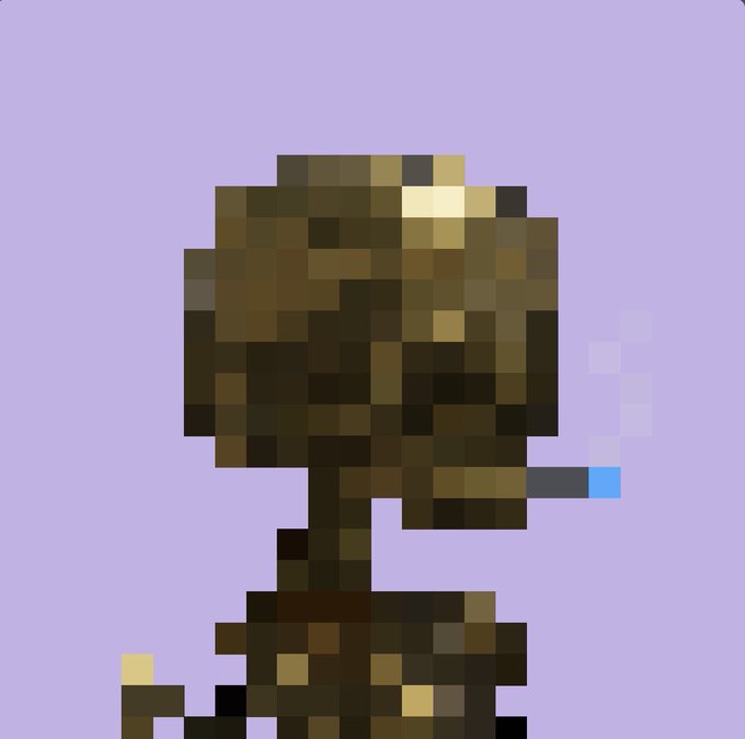 A pixelated, low-resolution image of a brown character figure against a light purple background, appearing to be a blurred or stylized game character.