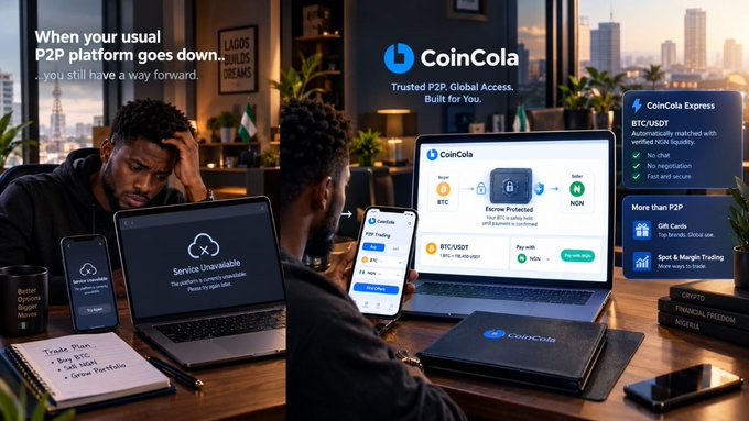 A promotional advertisement for CoinCola featuring a stressed man looking at a 'Service Unavailable' error on his laptop, contrasted with a happy user on the right with the tagline 'When your usual P2P platform goes down... you still have a way forward' and lists of services including CoinCola Express, Gift Cards, and Spot & Margin Trading.