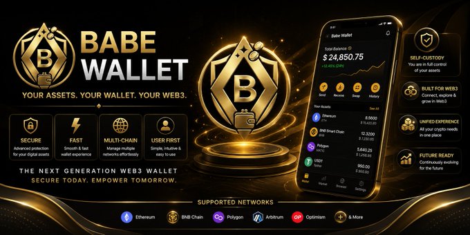 A promotional image for Babe Wallet displays a gold and black themed graphic featuring the logo, a smartphone mockup showing a portfolio balance of $24,850.75 across multiple networks including Ethereum, BNB Smart Chain, Polygon, Arbitrum, and Optimism. The image highlights key features (Secure, Fast, Multi-chain, User First) and corresponds with the v1.1.16 update announcement emphasizing faster startup, Android 15 optimization, custom network controls, and security improvements.