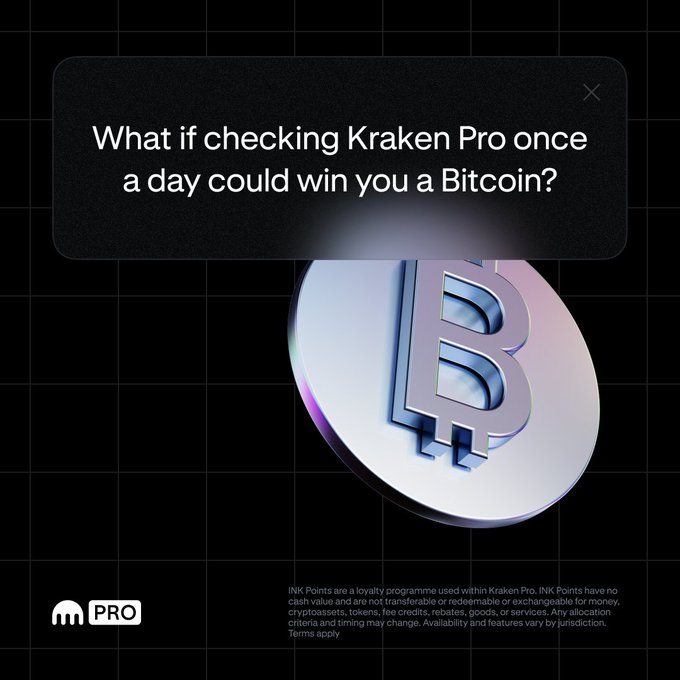 A promotional advertisement asking 'What if checking Kraken Pro once a day could win you a Bitcoin?' with a metallic Bitcoin token graphic.