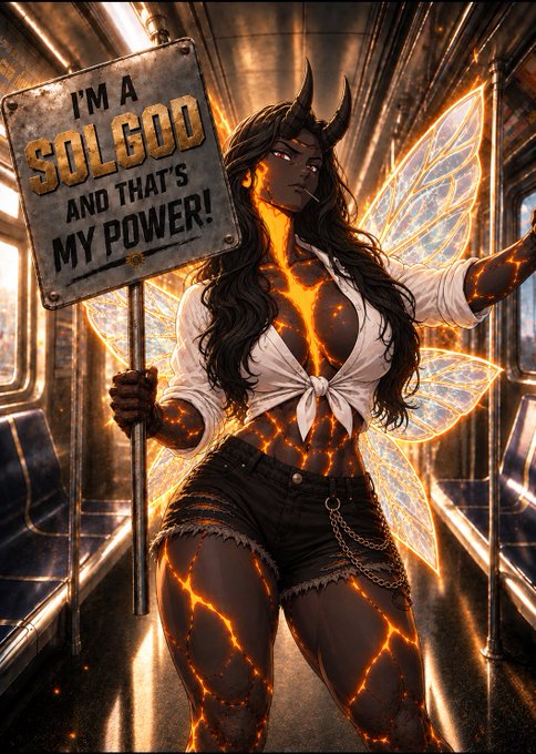 An anime-style illustration features a horned, lava-textured demon woman with glowing fairy wings holding a sign that reads 'I'M A SOLGOD AND THAT'S MY POWER!' inside a subway car.