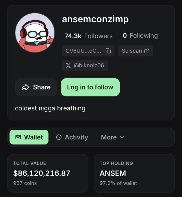 This image shows the crypto wallet profile of "ansemconzimp" (@blknoiz06), which displays a Total Value of **$86,120,216.87** across 927 coins, with **ANSEM** as the top holding (97.2% of the wallet)—the exact figure referenced in the suggestion that this user should use the $86M in their wallet to fund bounties on DareMarket.