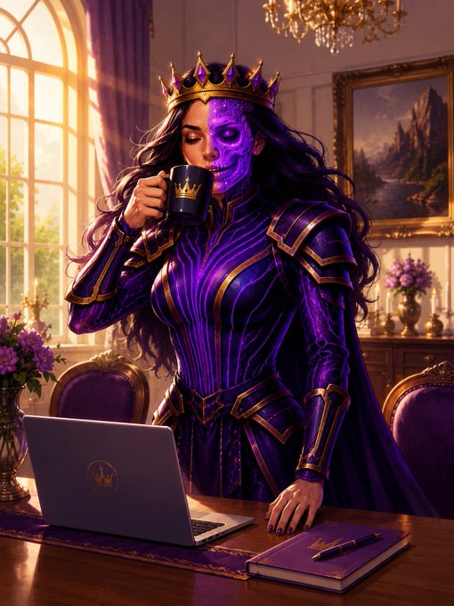 A fantasy illustration of a half-flesh, half-purple-skulled queen wearing gold-trimmed purple armor and a crown, sipping from a black mug while standing at a wooden desk with a laptop in an opulent room.