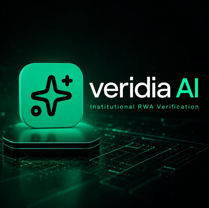 A promotional graphic for 'veridia AI' featuring a glowing green app icon with a star design on a dark technological background, subtitled 'Institutional RWA Verification.'