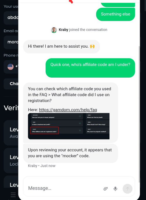 A chat conversation with a support agent named Kraby who confirms the user is registered under the affiliate code "mocker" and directs them to gamdom.com/help/faq.