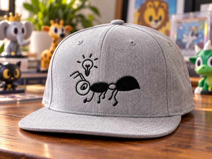 A gray baseball cap features a black embroidered design of an ant holding a lightbulb, displayed on a wooden surface with cartoon figurines in the background.