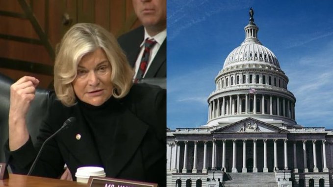 Split image showing a woman with blonde hair at what appears to be a congressional hearing (nameplate reads 'MR. MULL...') alongside a photo of the US Capitol building dome.