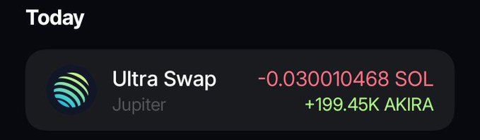 A screenshot of a transaction notification showing a swap on 'Ultra Swap' by Jupiter, exchanging -0.030010468 SOL for +199.45K AKIRA.