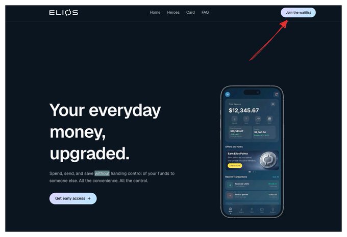 The ELIOS website homepage advertising 'Your everyday money, upgraded' with a red arrow pointing to the 'Join the waitlist' button.