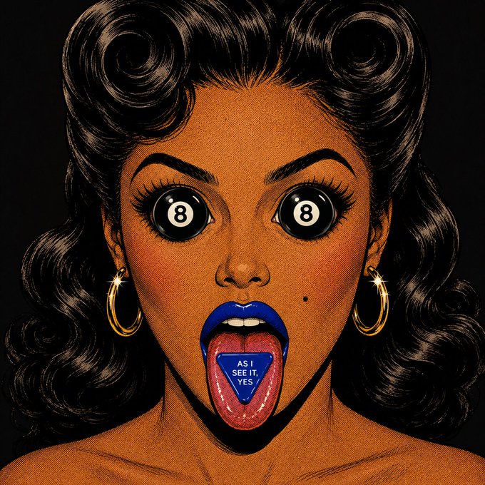 The image features a woman with dark hair, wearing hoop earrings and a blue lipstick. She has her tongue out, displaying an unusual tongue piercing that says "I want you". The caption of the image reads "Are me & my internet frens future billionaires?". This phrase is likely a reference to the popular meme culture phenomenon known as "internet fandoms", where fans create and share content related to their favorite artists or products on the internet. In this case, the woman's tongue piercing could be seen as a symbol of her dedication to the online community surrounding these artists or products.