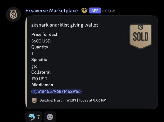 A Discord post from Exsaverse Marketplace at 8:06 PM shows a "SOLD" listing for a zksnark snarklist giving wallet priced at 3,600 USD with 190 USD collateral via middleman <@518455796871462916>, corroborating the claim of an OTC zksnark NFT sale for $3,600.