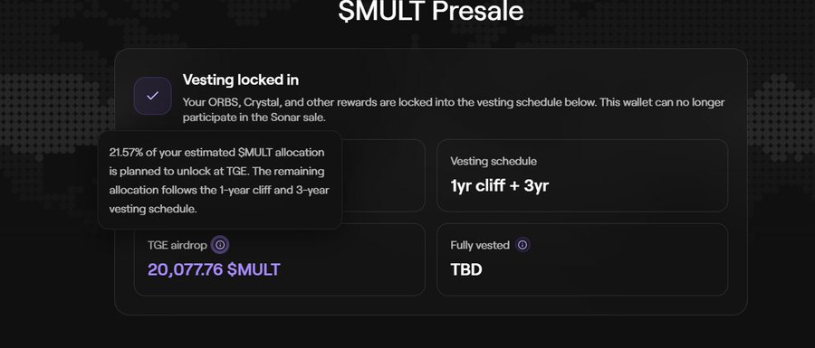 A screenshot of a '$MULT Presale' page showing vesting information, including a 'TGE airdrop' of '20,077.76 $MULT' and a '1yr cliff + 3yr' vesting schedule.