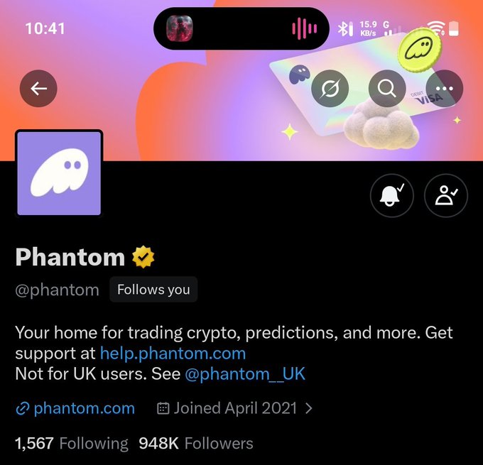 This is a screenshot of the Phantom crypto wallet's profile page, showing they now follow the user. The profile indicates that Phantom has 948K followers and was joined in April 2021.