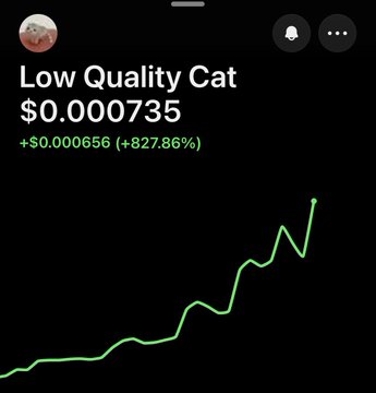 The image shows a crypto price chart for "Low Quality Cat" ($LQC) trading at $0.000735, displaying an impressive +827.86% gain (+$0.000656) visualized by a steep upward green line graph. This aligns with the post's bullish commentary, as the dramatic price surge depicted in the chart supports the claim that $LQC is gaining significant momentum, particularly before its "act 2" begins.