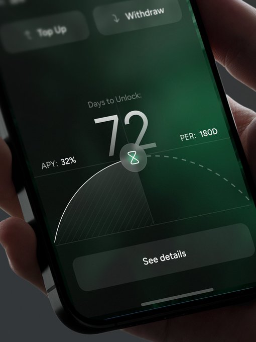 A smartphone screen displaying a crypto app with 'Days to Unlock: 72', 'APY: 32%', and 'PER: 180D' alongside Top Up and Withdraw buttons.