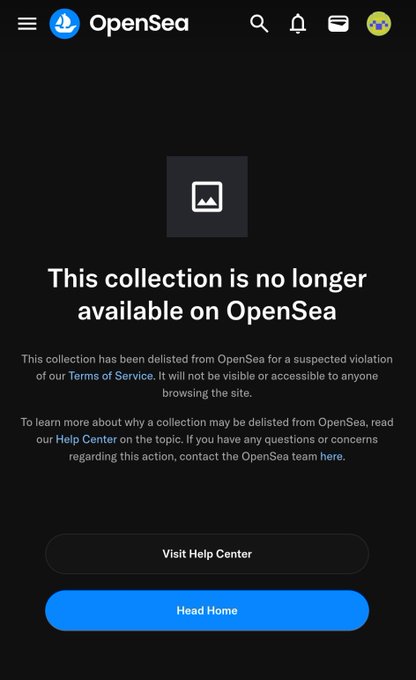 OpenSea mobile screen indicating 'This collection is no longer available on OpenSea', explaining the collection has been delisted for a suspected violation of Terms of Service.