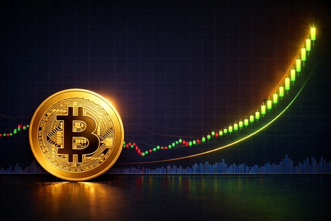 A golden Bitcoin coin sits in front of a candlestick chart showing a sharp upward price trend, visually reinforcing Standard Chartered's Geoff Kendrick prediction of Bitcoin reaching $100K by end of 2026 and $200K by end of 2027, with a new all-time high expected next year.