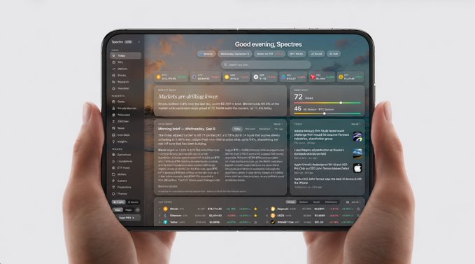 A pair of hands holding a tablet displaying the Spectes financial app dashboard, showing 'Good evening, Spectes,' market news, heart rate monitoring, and cryptocurrency price tickers including Bitcoin and Solana.