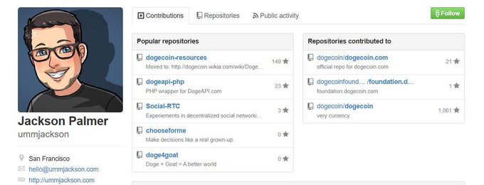 GitHub profile page for Jackson Palmer (ummjackson) from San Francisco, showing popular repositories including dogecoin-resources, dogeapi-php, Social-RTC, chooseforme, and doge4goat.