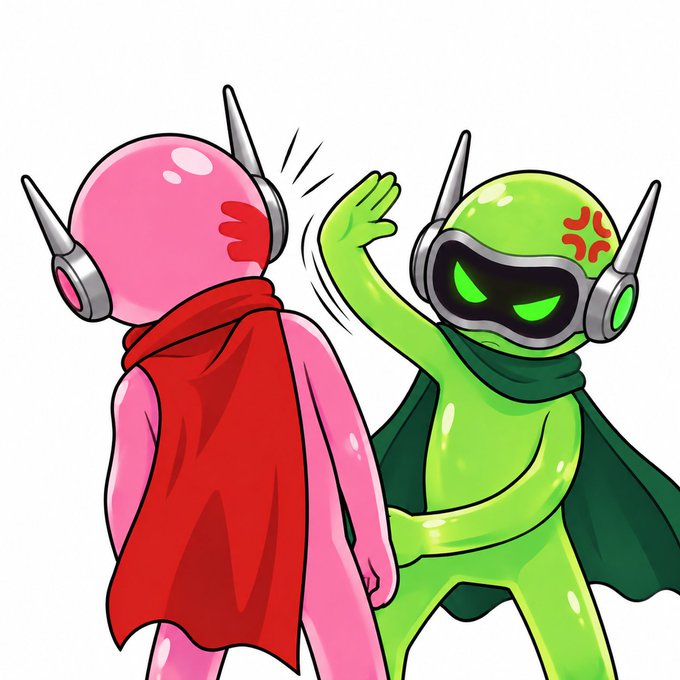 An illustration of two cartoon characters with antennas on their heads; one is pink with a red cape facing away, while the green one with glowing eyes appears to be angrily slapping or pushing the pink character.