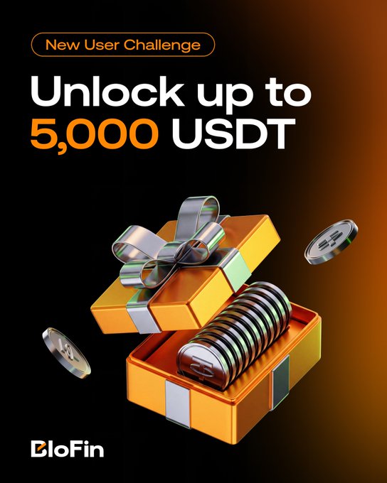 A BloFin promotional graphic for a "New User Challenge" featuring a golden gift box filled with USDT coins, offering new users the chance to unlock up to 5,000 USDT by completing tasks in the upgraded Rewards Hub.