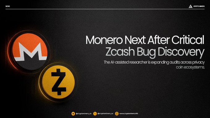 The image features a poster with two coins - one yellow and one black - against a dark background. The text on the poster reads "Monero Next After Critical Zcash Bug Discovery", which suggests that Monero's security team has recently uncovered a critical vulnerability in the Zcash cryptocurrency system, possibly related to the use of the Monero coin. Hornby, the researcher behind this discovery, is planning to conduct an audit of other privacy-focused cryptocurrencies like Monero and Bitcoin Cash.