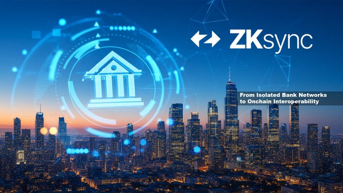 A city skyline at dusk is overlaid with a glowing blue bank icon and the ZKsync logo, with text reading "From Isolated Bank Networks to Onchain Interoperability." The image visually reinforces the post's theme of tokenized deposits and onchain settlement by depicting the convergence of traditional banking infrastructure with blockchain technology through ZKsync's interoperability solution.