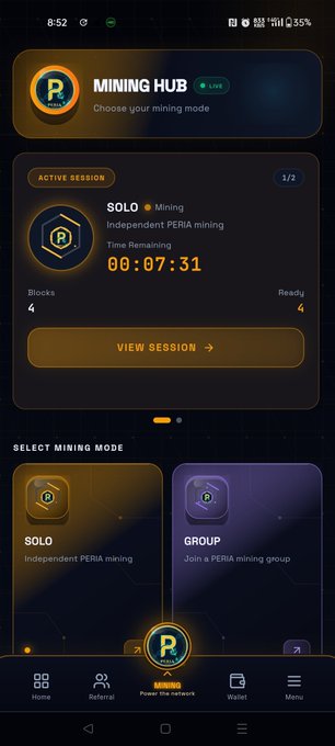 A mobile app screenshot of a 'MINING HUB' interface for PERIA, displaying an active SOLO mining session with 00:07:31 remaining and options to select between SOLO or GROUP mining.