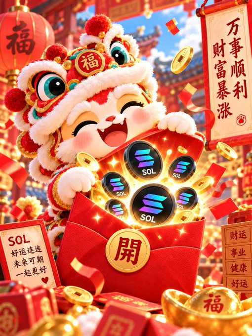 A vibrant illustration of a cute Chinese New Year lion dance figure next to Solana (SOL) crypto coins spilling out of a red envelope, with Chinese text wishing fortune and prosperity.