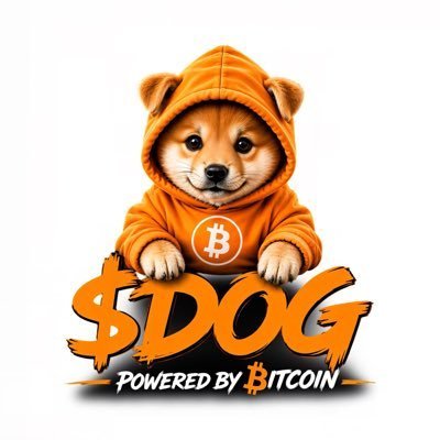 A 3D-rendered Shiba Inu dog wearing an orange Bitcoin hoodie is shown above the text '$DOG' and 'POWERED BY BITCOIN'.