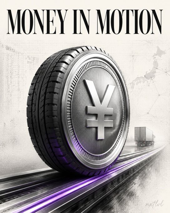 An advertisement graphic displays 'MONEY IN MOTION' above a large tire/wheel featuring a Yen (¥/₩) symbol, set on a road with a truck in the background.