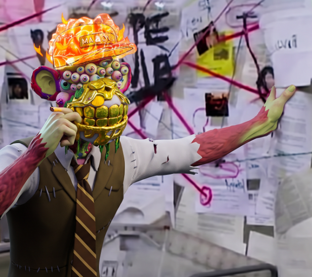 A surreal figure wearing a burning "MADDO" hat and a stitched-up shirt with a golden toothy grin and many eyes stands before a chaotic wall covered in red strings and papers, evoking the frantic conspiracy-board energy of someone piecing together the next big play with $stonkbrokers.