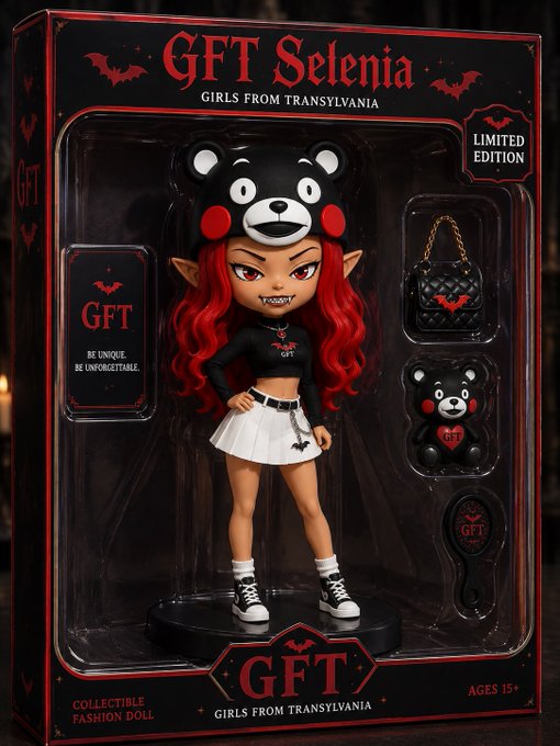 A collectible fashion doll package labeled 'GFT Selenia - Girls From Transylvania' shows a red-haired vampire-style doll in a bear-themed outfit, marked as a Limited Edition for ages 15+.