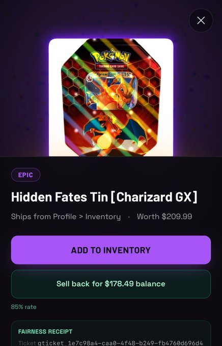 A mobile screenshot displays an unboxed "Hidden Fates Tin [Charizard GX]" Pokémon item valued at $209.99, featuring an Epic rarity tag and options to "ADD TO INVENTORY" or "Sell back for $178.49 balance" at an 85% rate, with a fairness receipt ticket number visible. The image showcases the user's exciting first-time gacha pull on the Collect.rip platform, highlighting their luck in obtaining a highly sought-after Charizard GX collectible.