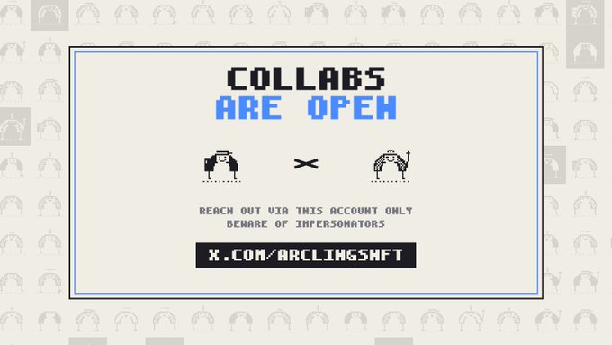 A pixel-art graphic announces "COLLABS ARE OPEN" with two hands reaching toward each other, displaying the URL "x.com/ARCLINGSHFT" and warning to beware of impersonators, visually supporting the post's announcement of a new NFT collaboration between OrdinalsHub and @ArclingsNFT on the ARC chain.